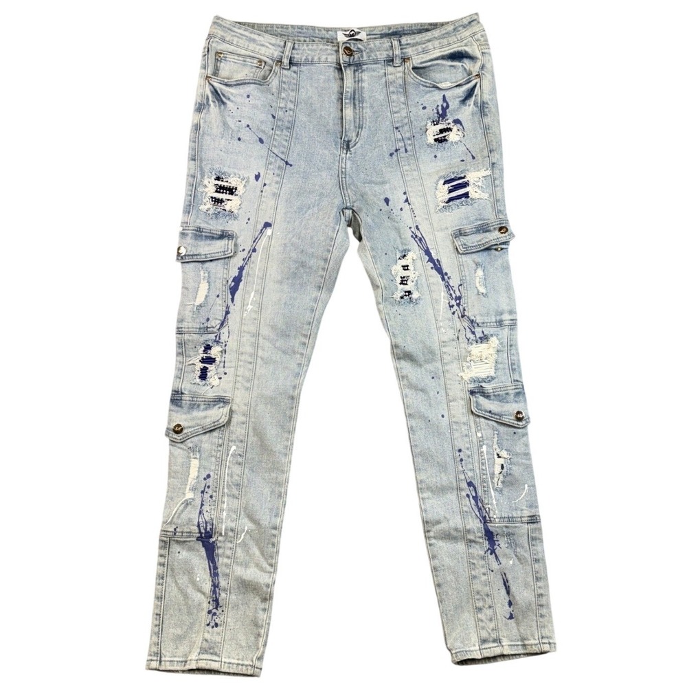 Valabasas Light Wash Distressed Paint Splatter Rhinestone Cargo Jeans Size 42